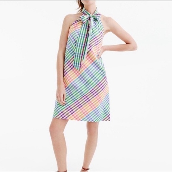 J. Crew Tie Neck Dress in Rainbow Gingham - Picture 1 of 6